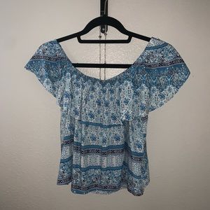 Off the shoulder blue oriental patterned top